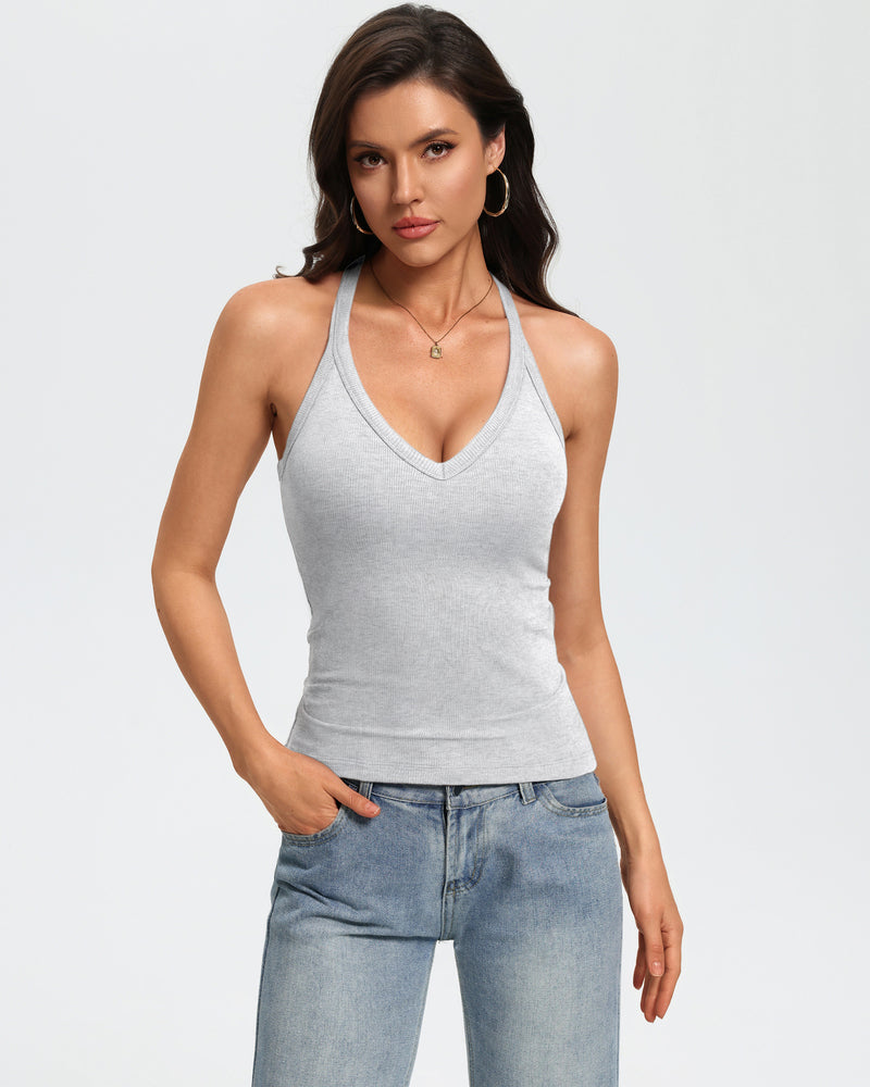 V Neck Tank Top with Built-In Bra Ribbed Racerback Fitted Cami