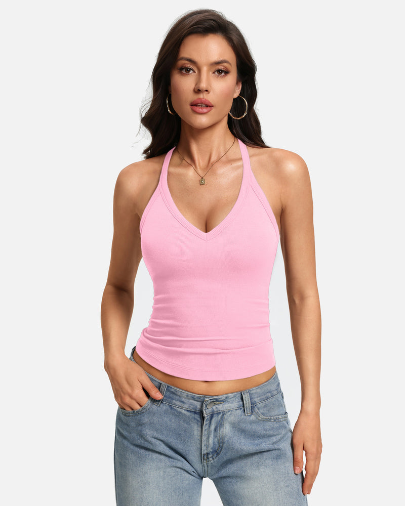 V Neck Tank Top with Built-In Bra Ribbed Racerback Fitted Cami