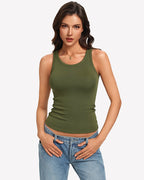 Ribbed Tank Top Built-In Bra High Neck Fitted Racerback Top