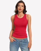 Ribbed Tank Top Built-In Bra High Neck Fitted Racerback Top