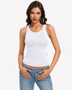 Ribbed Tank Top Built-In Bra High Neck Fitted Racerback Top