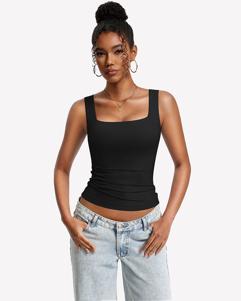 Built-In Bra Tank Top Double Lined U-Neck Stretchy Summer Top