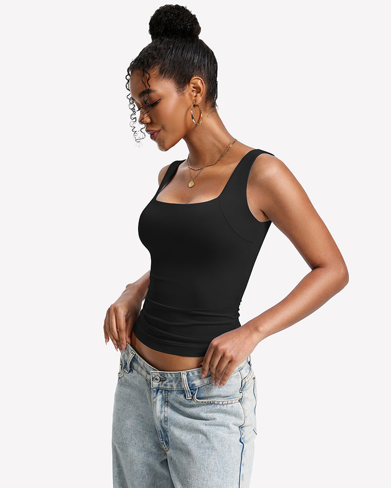Built-In Bra Tank Top Double Lined U-Neck Stretchy Summer Top