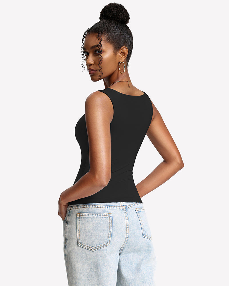 Built-In Bra Tank Top Double Lined U-Neck Stretchy Summer Top