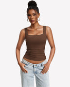 Built-In Bra Tank Top Double Lined U-Neck Stretchy Summer Top