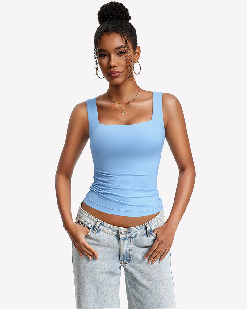 Built-In Bra Tank Top Double Lined U-Neck Stretchy Summer Top