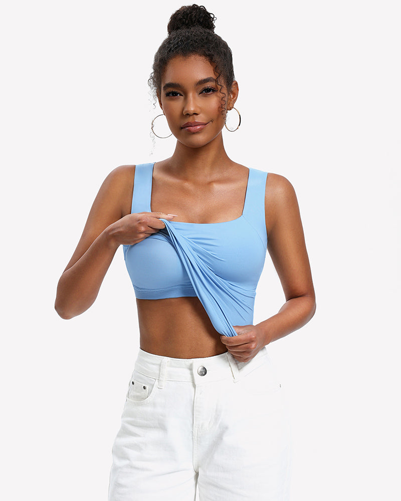 Built-In Bra Tank Top Double Lined U-Neck Stretchy Summer Top