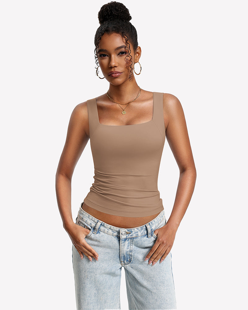 Built-In Bra Tank Top Double Lined U-Neck Stretchy Summer Top