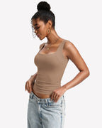Built-In Bra Tank Top Double Lined U-Neck Stretchy Summer Top
