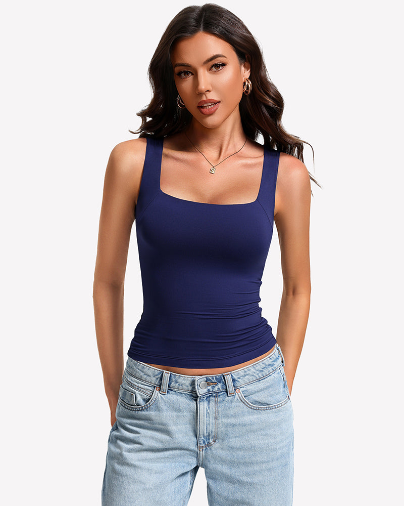 Built-In Bra Tank Top Double Lined U-Neck Stretchy Summer Top