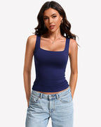 Built-In Bra Tank Top Double Lined U-Neck Stretchy Summer Top
