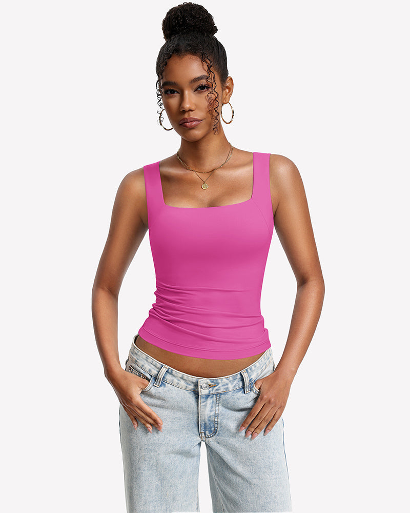 Built-In Bra Tank Top Double Lined U-Neck Stretchy Summer Top