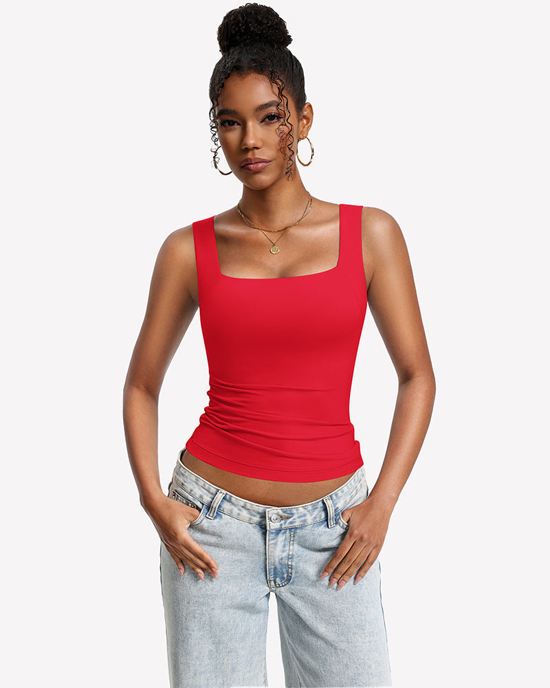 Built-In Bra Tank Top Double Lined U-Neck Stretchy Summer Top