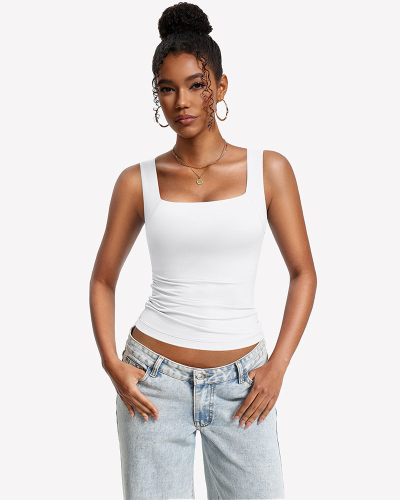 Built-In Bra Tank Top Double Lined U-Neck Stretchy Summer Top