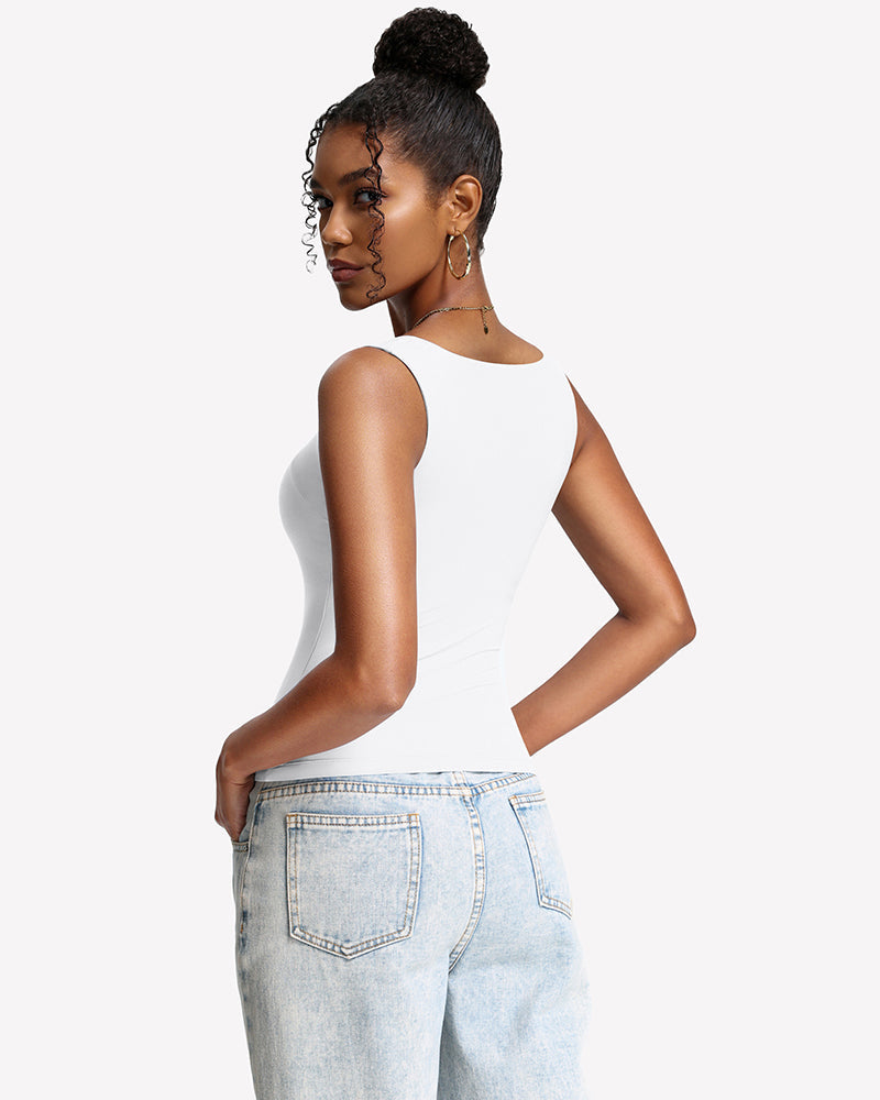 Built-In Bra Tank Top Double Lined U-Neck Stretchy Summer Top