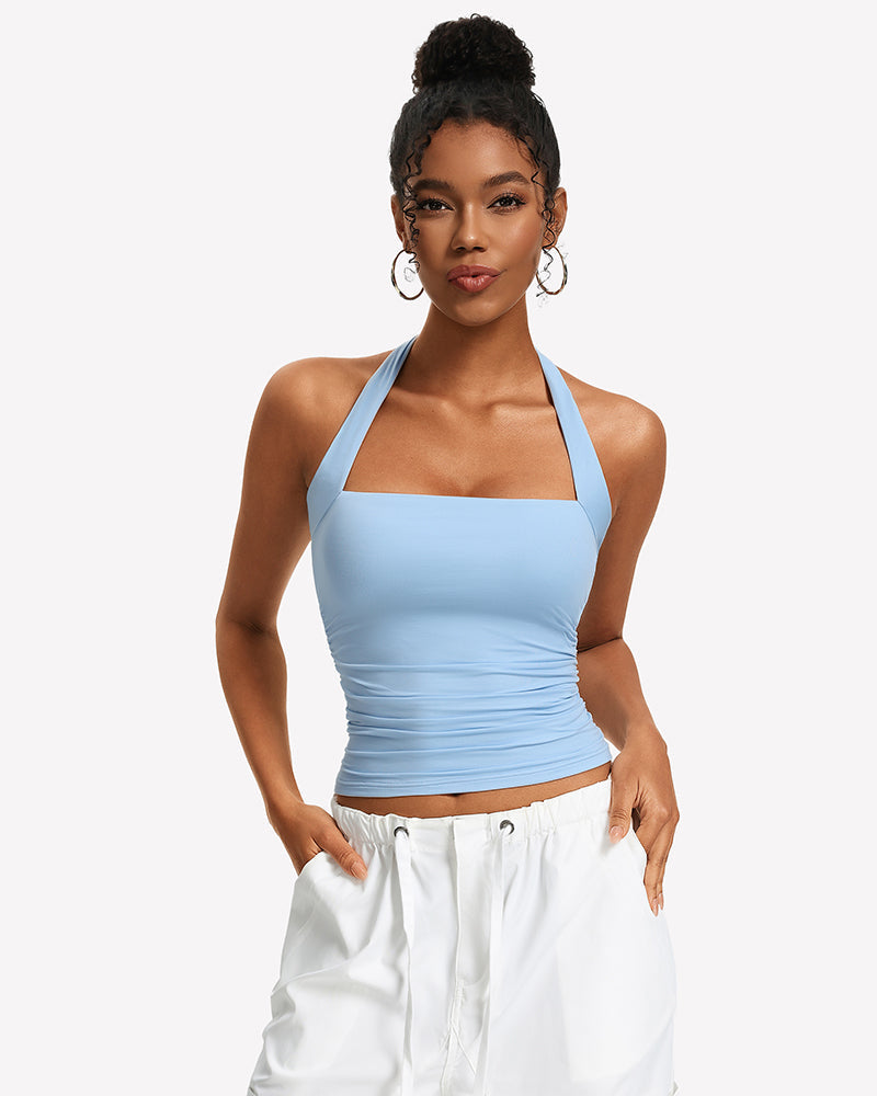 Square Neck Ruched Halter Tank Top
