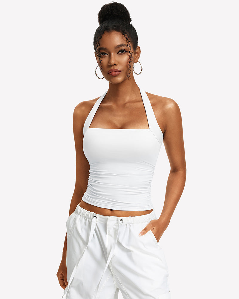 Square Neck Ruched Halter Tank Top