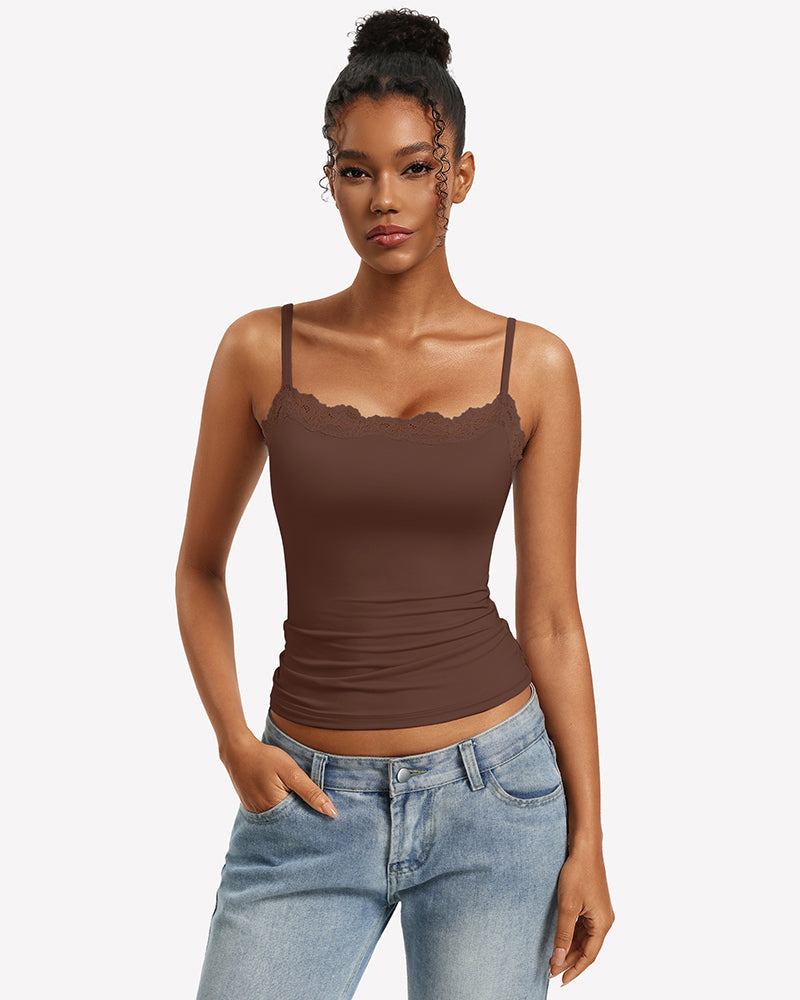 Lace Trim Camisole Square Neck Slim Fit Going Out Tank Top