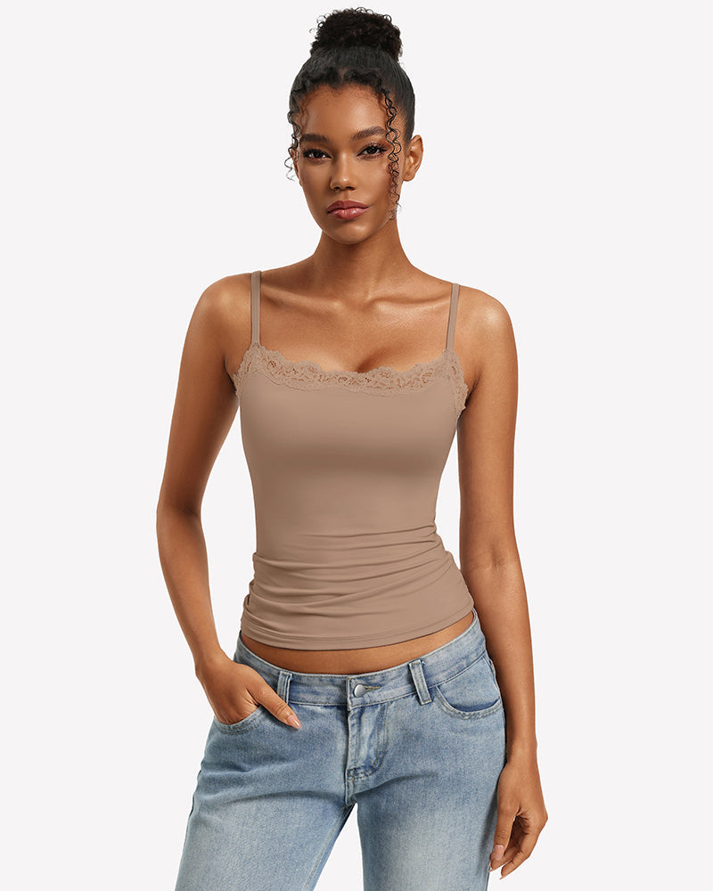 Lace Trim Camisole Square Neck Slim Fit Going Out Tank Top
