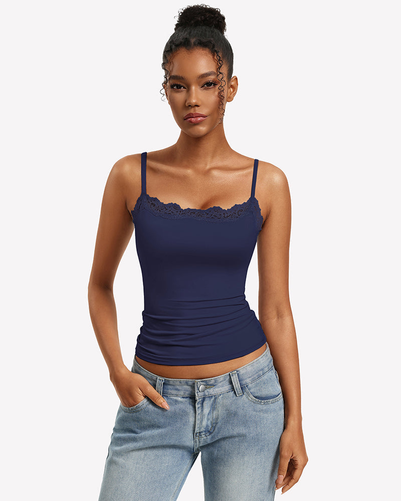 Lace Trim Camisole Square Neck Slim Fit Going Out Tank Top