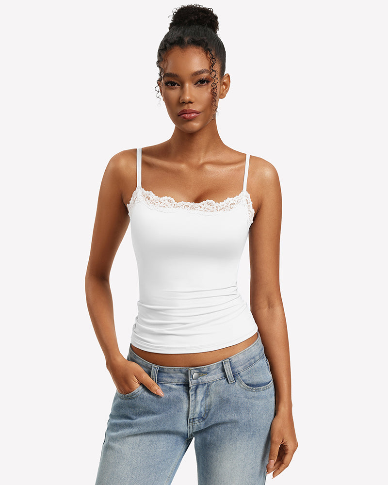 Lace Trim Camisole Square Neck Slim Fit Going Out Tank Top