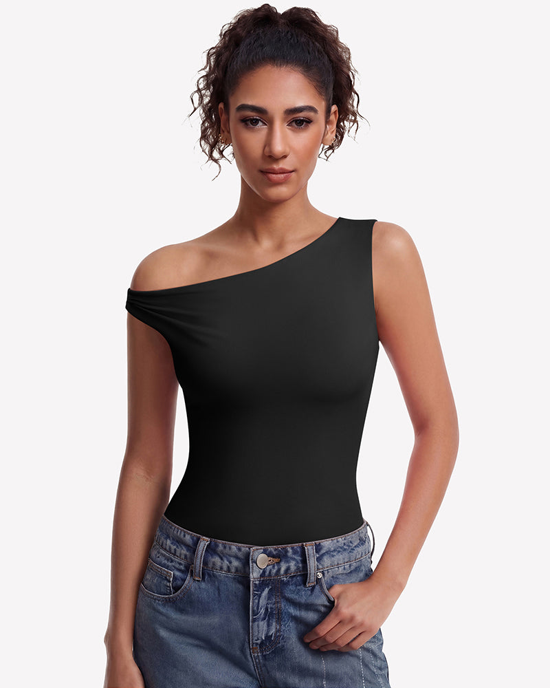 Off Shoulder Bodysuit Double Lined Asymmetric Leotard Top