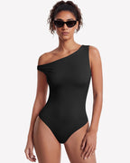 Off Shoulder Bodysuit Double Lined Asymmetric Leotard Top