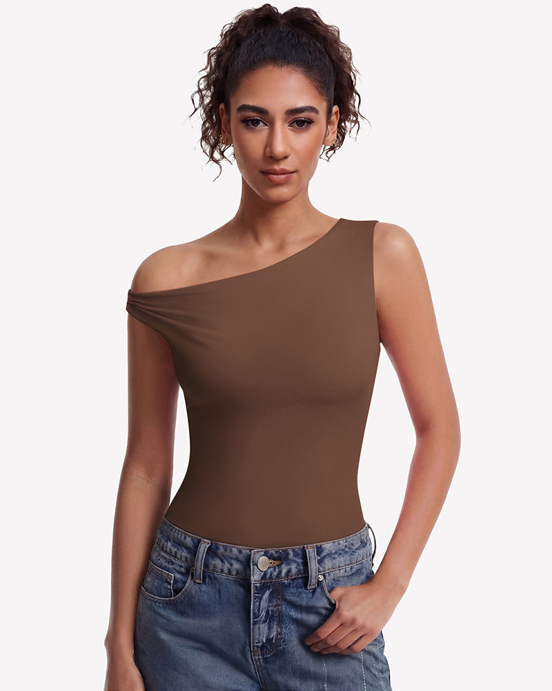 Off Shoulder Bodysuit Double Lined Asymmetric Leotard Top