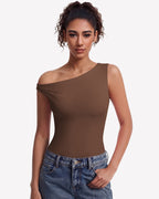 Off Shoulder Bodysuit Double Lined Asymmetric Leotard Top