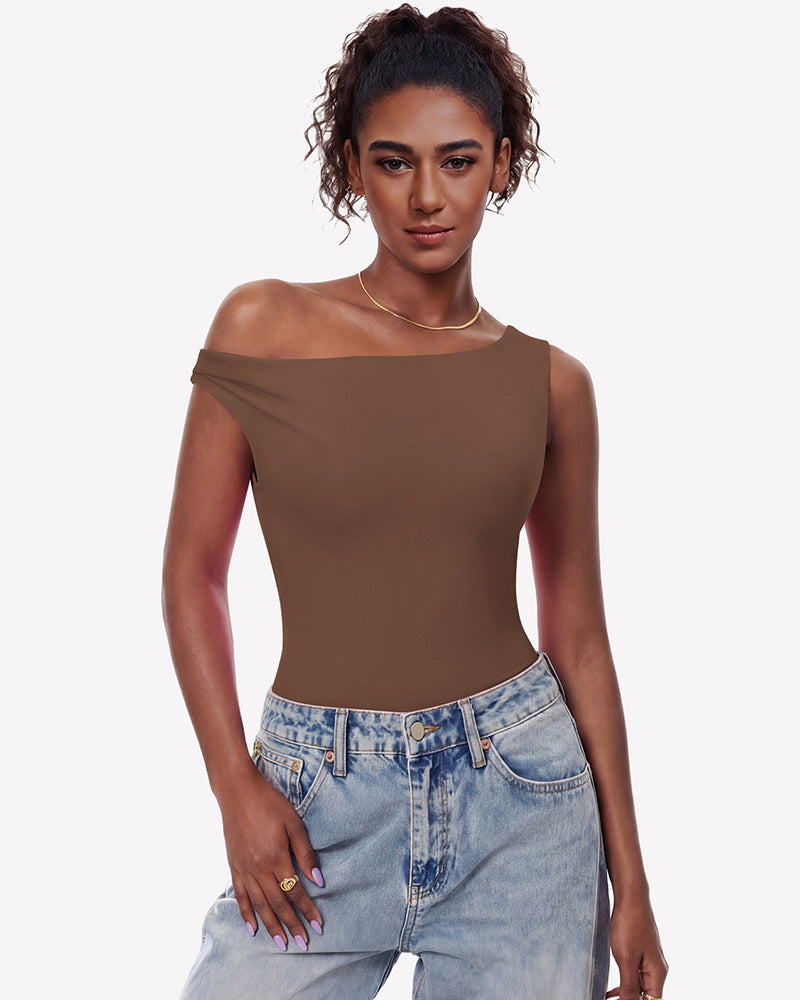Off Shoulder Bodysuit Double Lined Asymmetric Leotard Top