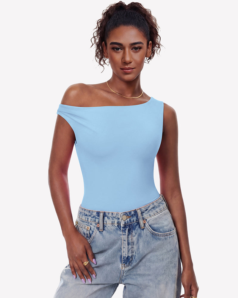 Off Shoulder Bodysuit Double Lined Asymmetric Leotard Top