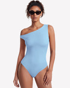 Off Shoulder Bodysuit Double Lined Asymmetric Leotard Top