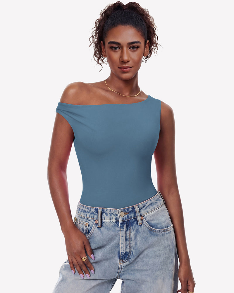 Off Shoulder Bodysuit Double Lined Asymmetric Leotard Top