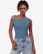 Off Shoulder Bodysuit Double Lined Asymmetric Leotard Top