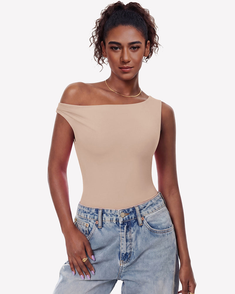 Off Shoulder Bodysuit Double Lined Asymmetric Leotard Top