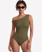 Off Shoulder Bodysuit Double Lined Asymmetric Leotard Top