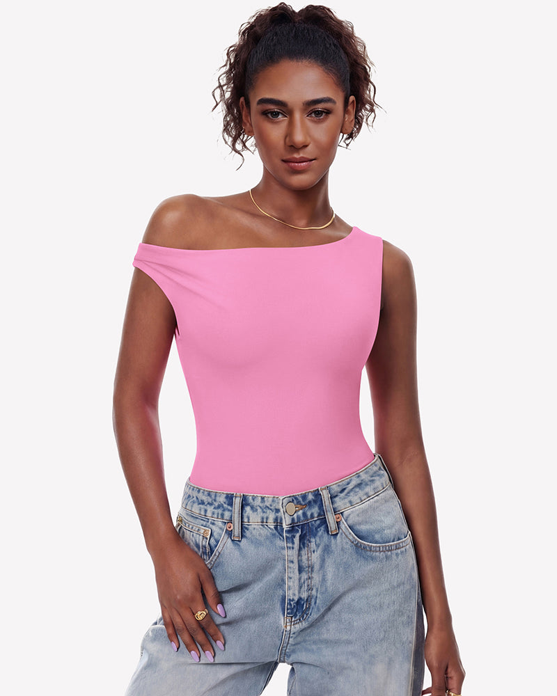 Off Shoulder Bodysuit Double Lined Asymmetric Leotard Top