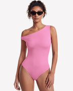 Off Shoulder Bodysuit Double Lined Asymmetric Leotard Top