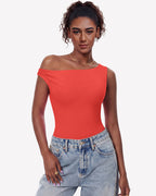 Off Shoulder Bodysuit Double Lined Asymmetric Leotard Top