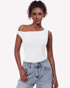 Off Shoulder Bodysuit Double Lined Asymmetric Leotard Top