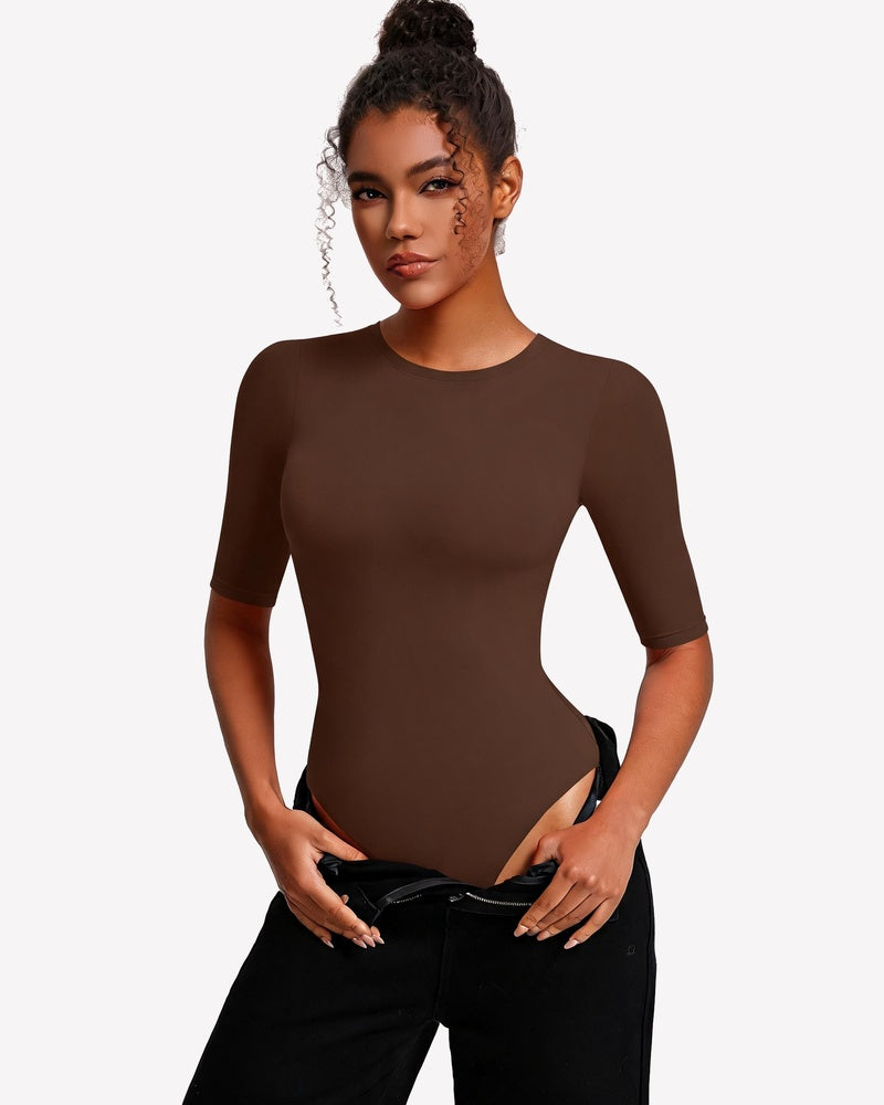 3/4 Sleeve Crew Neck Bodysuit Slim Fit Snap Closure Going Out Top