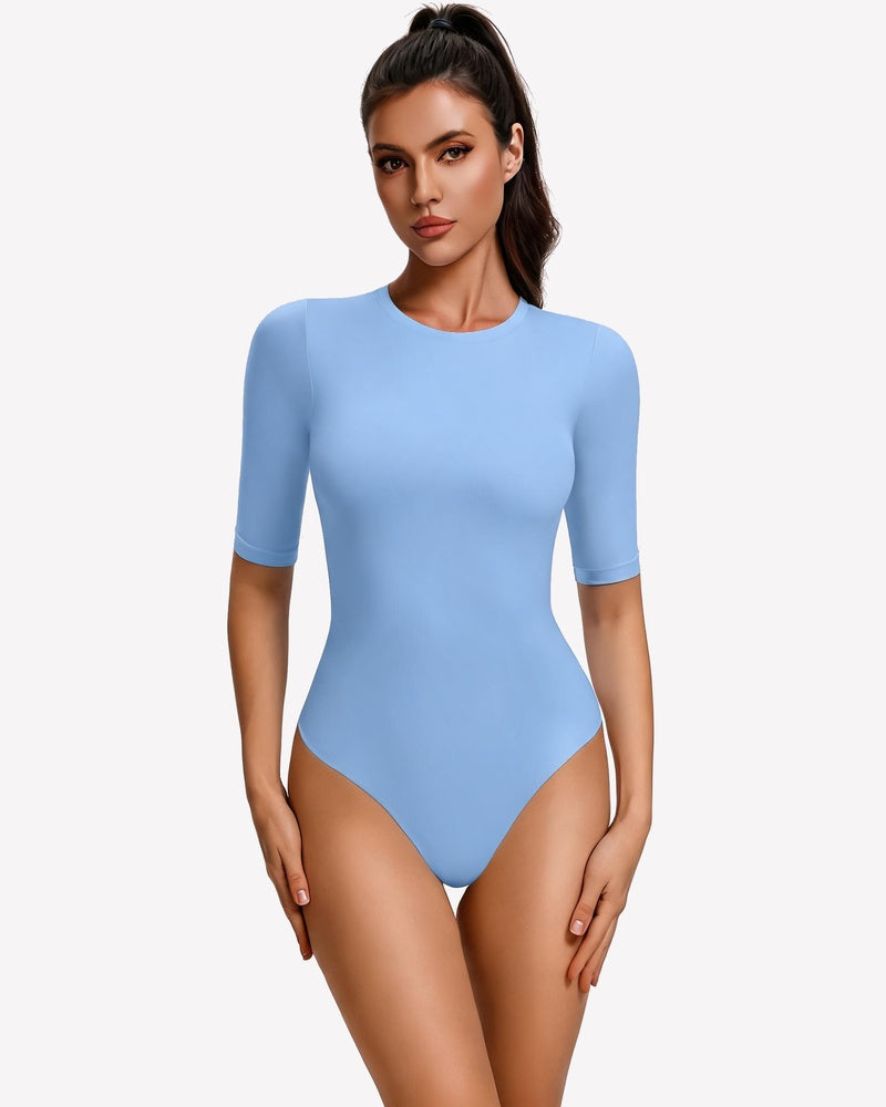3/4 Sleeve Crew Neck Bodysuit Slim Fit Snap Closure Going Out Top