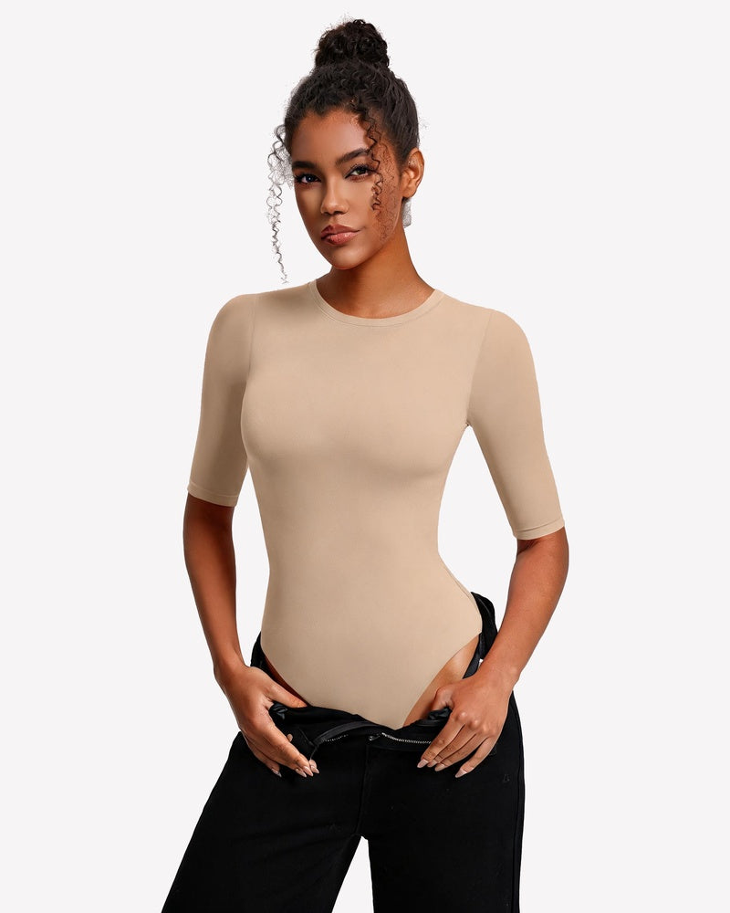 3/4 Sleeve Crew Neck Bodysuit Slim Fit Snap Closure Going Out Top