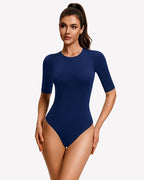 3/4 Sleeve Crew Neck Bodysuit Slim Fit Snap Closure Going Out Top