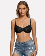 Balconette Lace Bra Sheer Mesh Unlined Lingerie Bra A-D Cup