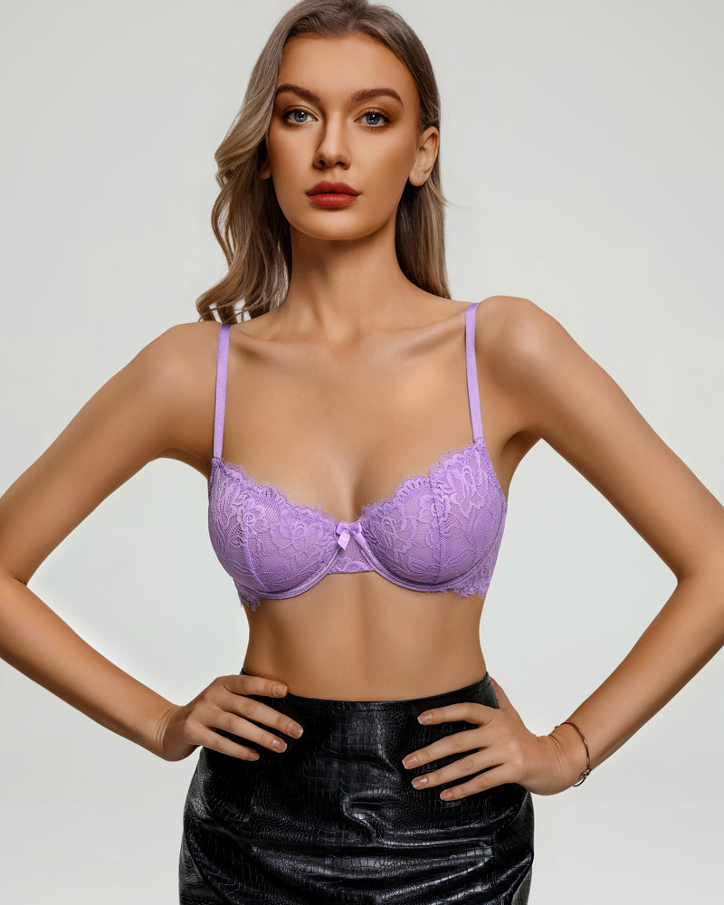 Balconette Lace Bra Sheer Mesh Unlined Lingerie Bra A-D Cup
