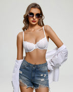 Balconette Lace Bra Sheer Mesh Unlined Lingerie Bra A-D Cup