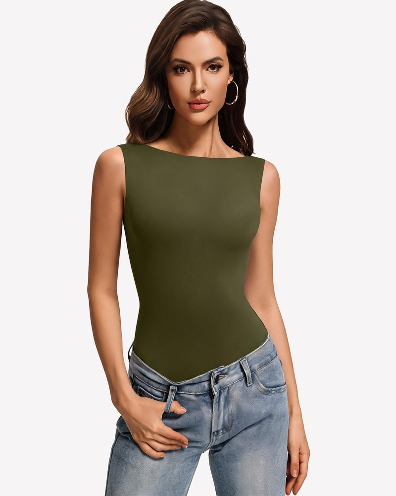 Boat Neck Bodysuit Double Lined Going Out Top