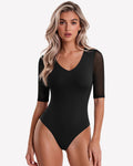 Deep V Neck Mesh Elbow Sleeve Seamless Thong Bodysuit
