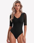 Deep V Neck Mesh Elbow Sleeve Seamless Thong Bodysuit